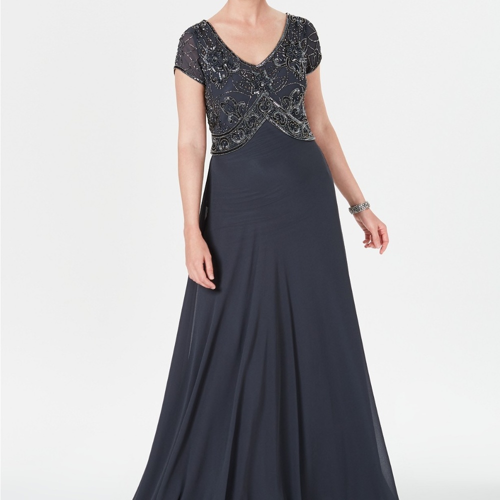 J Kara Embellished Empire-Waist Gown Grey/Gunmetal